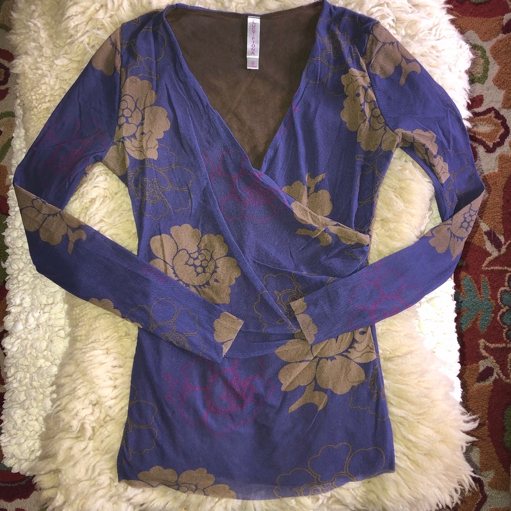 LUCY FIONA blue floral mesh cross over top/M
